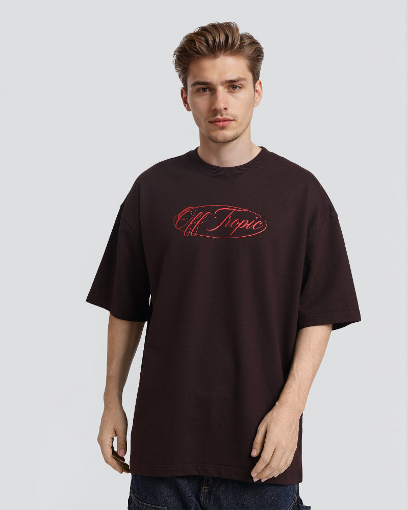 Man wearing a black t-shirt with 'Off Topic' text on a light gray background