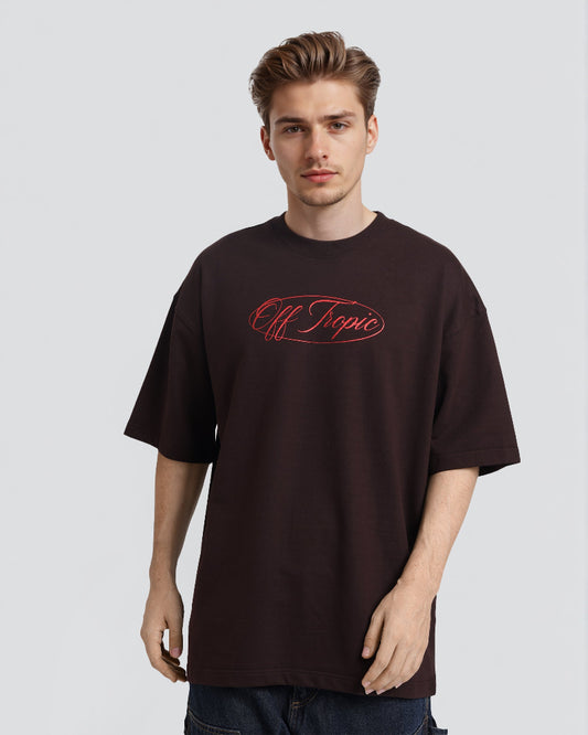 Man wearing a black t-shirt with 'Off Topic' text on a light gray background